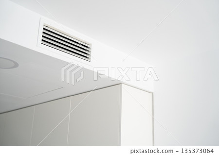 Contemporary apartment interior with ceiling air vent above built-in cabinets, minimalist HVAC ventilation and clean design Contemporary apartment interior with ceiling air vent above built-in cabinets, minimalist HVAC ventilation and clean design 135373064