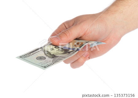 Hand receiving one hundred dollar bill in a transaction 135373156