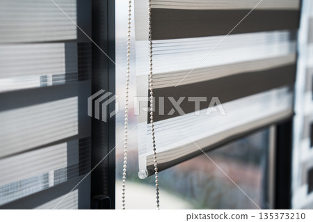 Vertical Close-Up of Zebra Window Blinds With Chain Control Creating Minimal Interior Texture and Privacy Concept Vertical Close-Up of Zebra Window Blinds With Chain Control Creating Minimal Interior Texture and Privacy Concept 135373210