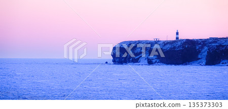 Drift ice abuts Cape Notoro on the Sea of Okhotsk in Abashiri, Hokkaido, before dawn 135373303