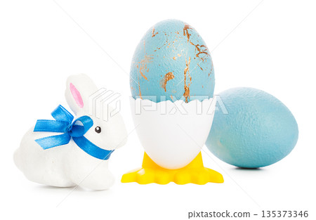 Colorful egg and bunny decoration for spring celebration on bright background Colorful egg and bunny decoration for spring celebration on bright background 135373346