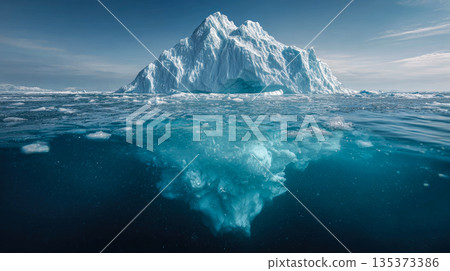 Half above water, iceberg floats in the cold ocean. 135373386