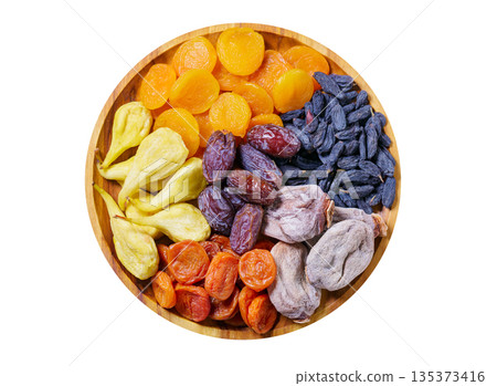 plate of mix of dried fruits isolated on white background plate of mix of dried fruits isolated on white background 135373416