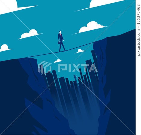 Risk management. A man is walking on a suspension bridge over a ravine. Risk management. A man is walking on a suspension bridge over a ravine. 135373468