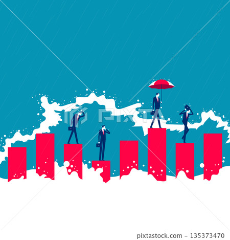 Risk management. A group of people walking on a graph bar that was flooded and hit by heavy rain Risk management. A group of people walking on a graph bar that was flooded and hit by heavy rain 135373470