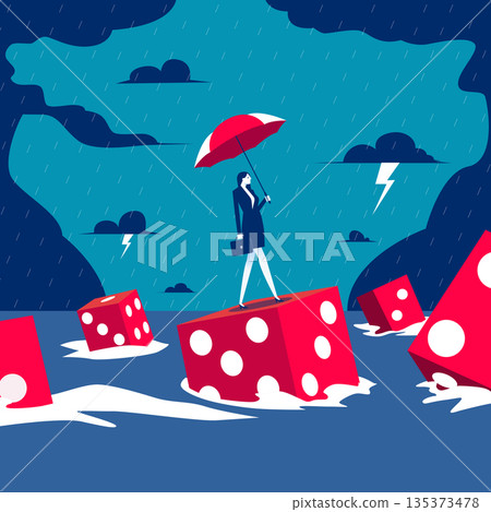 Risk management.A businesswoman holding an umbrella walking among large dice floating in water Risk management.A businesswoman holding an umbrella walking among large dice floating in water 135373478
