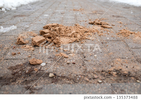 Sand and Debris Spread on Icy Winter Pedestrian Walkway Surface Sand and Debris Spread on Icy Winter Pedestrian Walkway Surface 135373488