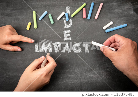 Idea and Impact Concept Written with Chalk on Blackboard by Two People Idea and Impact Concept Written with Chalk on Blackboard by Two People 135373493