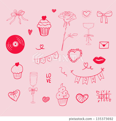 Whimsical set tiny hearts, rose, love sketch elements, cute romantic doodle small red hand drawn hearts on pink background. Simple Valentines day bg Whimsical set tiny hearts, rose, love sketch elements, cute romantic doodle small red hand drawn hearts on pink background. Simple Valentines day bg 135373692