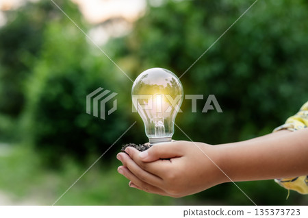 Renewable energy concept Earth Day or environment protection Hands protect forests that grow on the ground and help save the world. 135373723