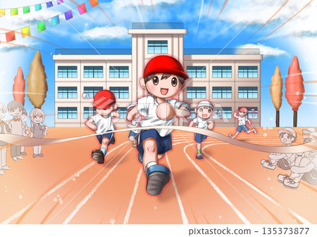 A child who finishes first at a sports day A child who finishes first at a sports day 135373877