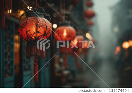 Red Chinese lanterns decorate the streets of Chinatown for the New Year. 135374404