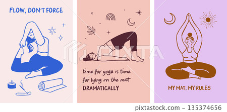 Hand drawn yoga poses posters set with motivational quotes Hand drawn yoga poses posters set with motivational quotes 135374656
