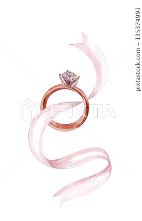 Engagement ring, flowing ribbon, hand painted watercolor isolated on white for proposal design, luxury branding, romantic stationery, invitation, jewelry marketing editorial decor. Vertical soft blush 135374991