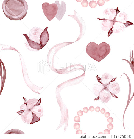 Elegant seamless pattern, watercolor cotton flowers, flowing ribbons, pearl accents, refined repeating design for luxury branding, packaging, stationery, textiles romantic surface design. Soft blush 135375008