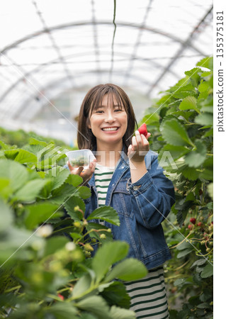 A woman holding a strawberry with a smile A woman holding a strawberry with a smile 135375181