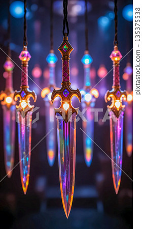 Vibrant fantasy daggers with sparkling blades. Fantasy daggers with intricate golden hilts are suspended in a row. 135375538