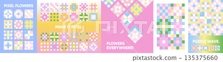 Pastel Pixel Flowers Poster Set, Modern Grid Flyer Templates with Puzzle Wave Mosaic Backgrounds Pastel Pixel Flowers Poster Set, Modern Grid Flyer Templates with Puzzle Wave Mosaic Backgrounds 135375660