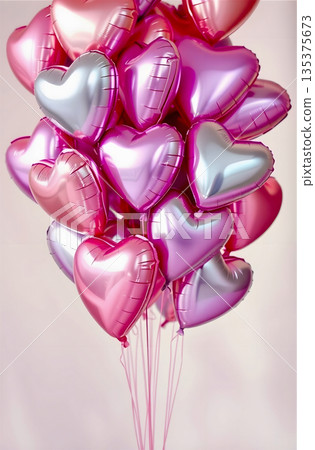 Cluster of heart-shaped metallic balloons in vibrant pink, creating a lively display. The balloons are glossy with reflective surfaces, appearing buoyant and closely grouped together. 135375673