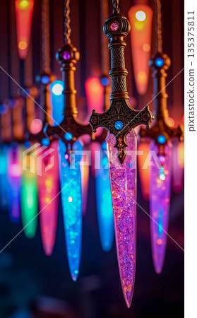 Vibrant fantasy daggers with sparkling blades. Fantasy daggers with intricate golden hilts are suspended in a row. 135375811