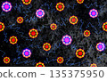 Colorful star-shaped spheres on a dark background with marble effect. Abstract digital art featuring colorful circular elements with a central red or purple nucleus surrounded by star-like patterns.  135375950