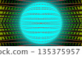 Blue sphere in abstract design with multiple intermittent stripes. Abstract digital artwork displaying a blue sphere at the center, surrounded by radiating yellow and black stripes.  135375957