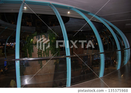 Modern indoor architecture with curved arches and greenery. Modern indoor architecture featuring curved blue arches supporting a glass structure. Modern indoor architecture with curved arches and greenery. Modern indoor architecture featuring curved blue arches supporting a glass structure. 135375988