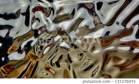 abstract molten liquid metal swirl in golden silver tones with fluid waves bubbles glossy reflections futuristic texture for wallpaper banner 135376055