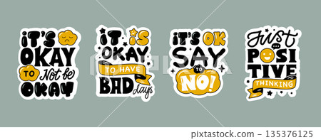 Hand-drawn lettering set with positive quotes and emoji for stickers, cards, posters, social media, etc., designed in a vector illustration 135376125