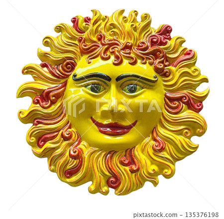 Smiling sun face sculpture bringing warmth and joy Smiling sun face sculpture bringing warmth and joy 135376198