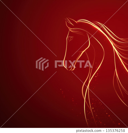 Golden horse silhouette on red background, elegant and smooth 135376258