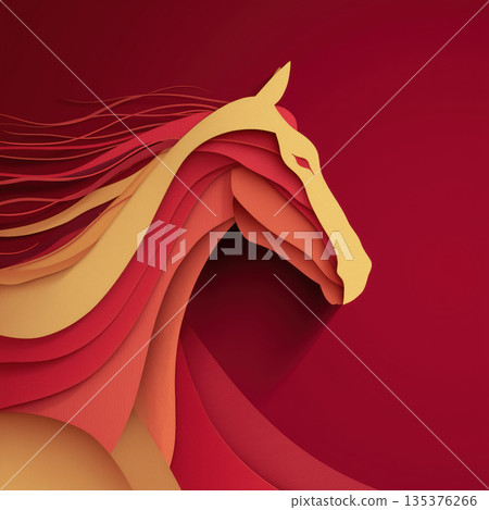 Paper cut horse silhouette in red and gold layers 135376266