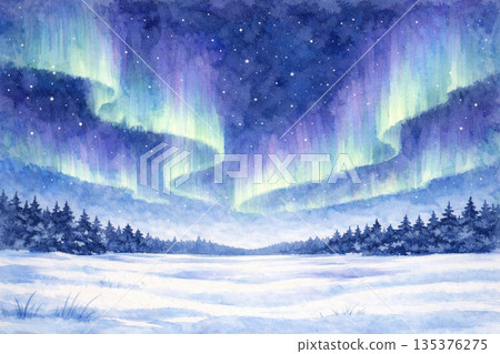 靜謐的雪地上空，絢麗的極光閃耀（水彩插畫） 135376275
