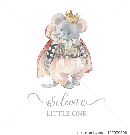 Watercolor Royal Mouse Welcome Little One Baby Greeting Vector Illustration Watercolor Royal Mouse Welcome Little One Baby Greeting Vector Illustration 135376298