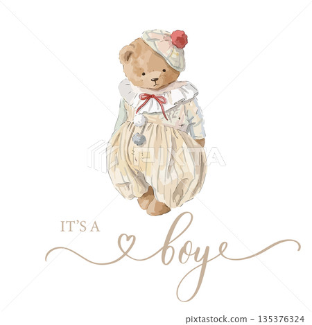 Watercolor Teddy Bear It's a Boy Baby Shower Vector Illustration. 135376324