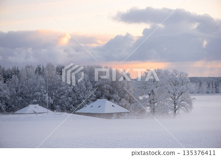 Snowy Farm Buildings in Winter Countryside Latvia Snowy Farm Buildings in Winter Countryside Latvia 135376411