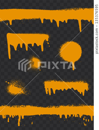 Orange spray paint splatters with drips on transparent checkered background. Orange spray paint splatters with drips on transparent checkered background. 135376595