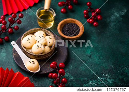 Tang yuan rice dumpling balls for Chinese lunar New year celebration 135376767