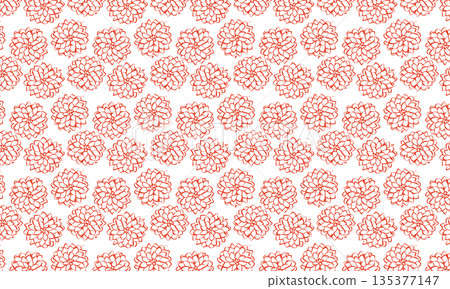 A floral pattern of hand-drawn dahlia flowers in red lines 135377147