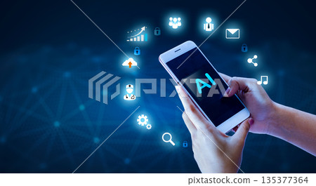 Illustration of an abstract futuristic background with digital technology and artificial intelligence concepts. The text AI 135377364