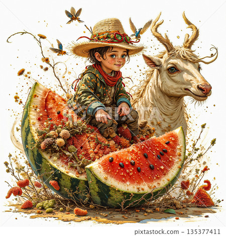 Whimsical child on a watermelon with a magical deer. A whimsical scene featuring a child with a straw hat and colorful clothing, sitting on a large, halved watermelon. 135377411
