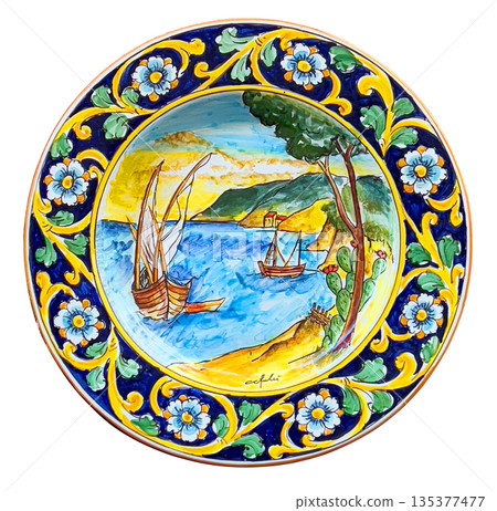 Hand painted sicilian majolica plate featuring landscape Hand painted sicilian majolica plate featuring landscape 135377477