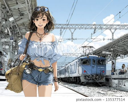 Illustration of a young woman traveling by train | Summer solo travel and lifestyle 135377514