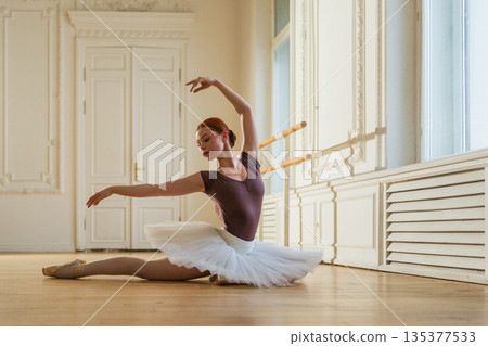 Young ballerina in tutu skirt stretching practicing ballet positions dancing in dance class. Young classical dancer woman in dance studio. Ballet class training Ballet school concept Young ballerina in tutu skirt stretching practicing ballet positions dancing in dance class. Young classical dancer woman in dance studio. Ballet class training Ballet school concept 135377533