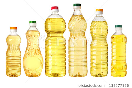 Cooking oil varieties in plastic bottles on transparent background 135377556