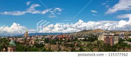 Tbilisi panorama showing city skyline and holy trinity cathedral 135377562