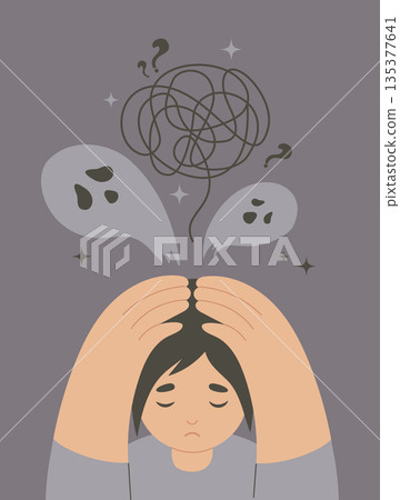 Mental Health. Person Facing Fears and Anxiety, Stress with Tangled Thoughts and Ghost Phantoms. Concept Awareness  and Fear Management. Vector flat Illustration. Not AI 135377641