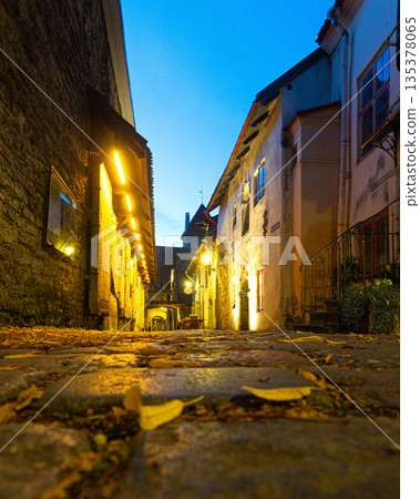 Tallinn old town medieval cobblestone street at night 135378065