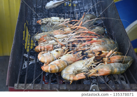 Grilled prawn seafood street food charcoal barbecue outdoor cooking crustacean grilled prawn seafood street food charcoal 135378071