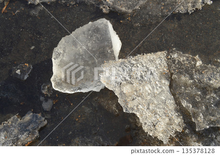 Transparent sparkling ice floes closeup, spring natural background. 135378128